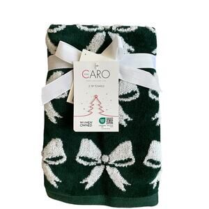 Caro Home CHRISTMAS BOW Hand Towels Set of 2 Green & White Holiday Decor